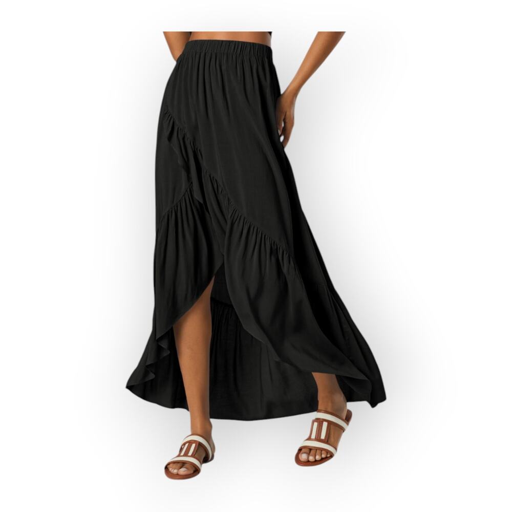 Halara High Waisted High Low Ruffle Maxi Skirt Flowy Black XL NWT Coastal Boho - Picture 4 of 8